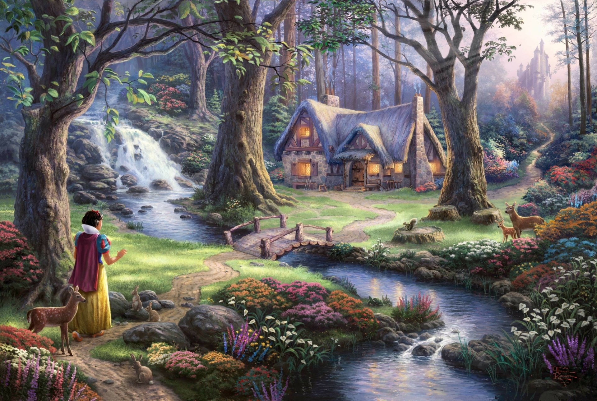 Snow White Enchanted Cottage — 2K Quad HD Wallpaper by Thomas Kinkade, image size:1920x1290