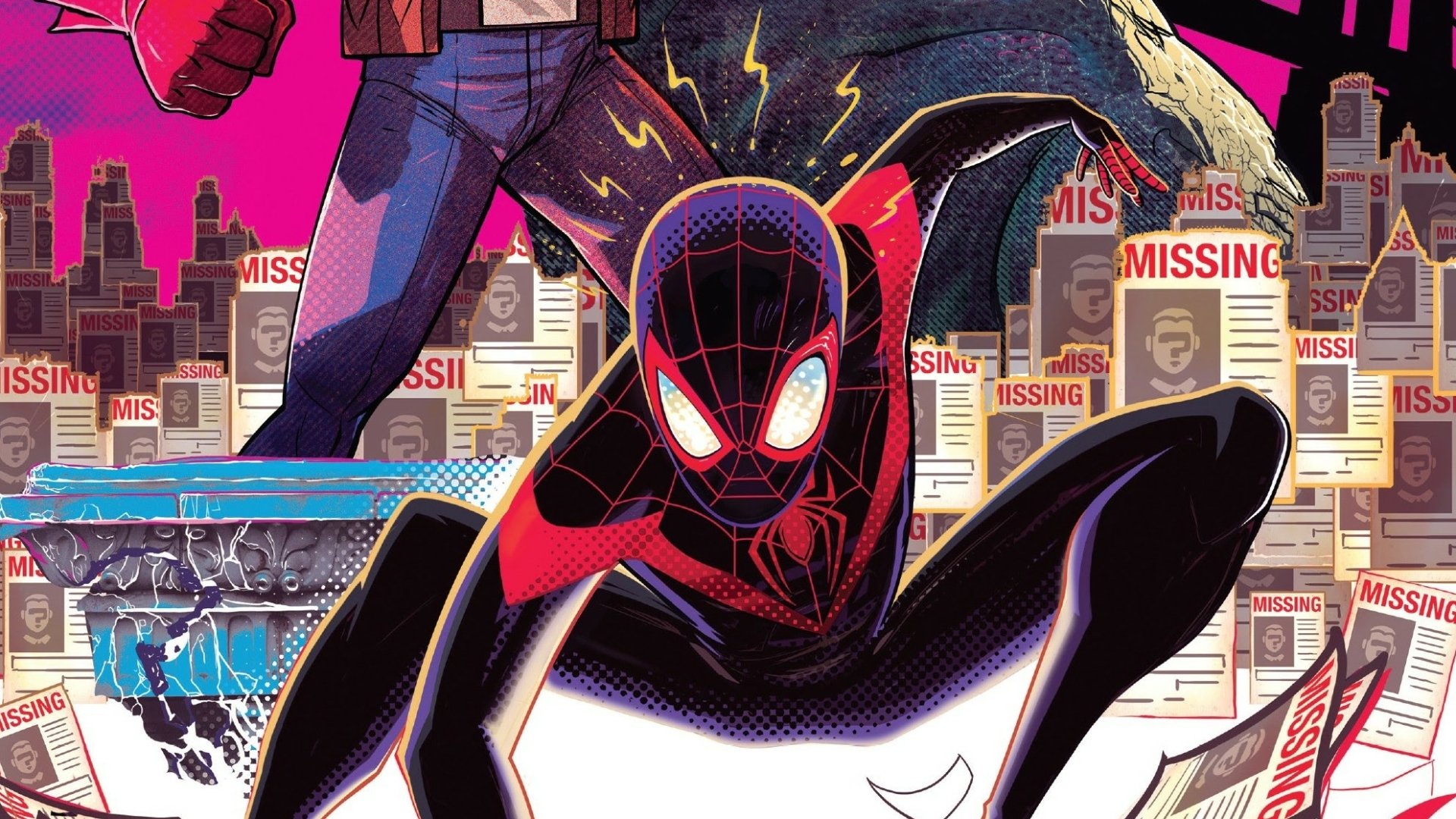 HD PC desktop wallpaper featuring Miles Morales as Spider-Man in comic style, crouched with glowing eyes before a neon cityscape scattered with missing posters.