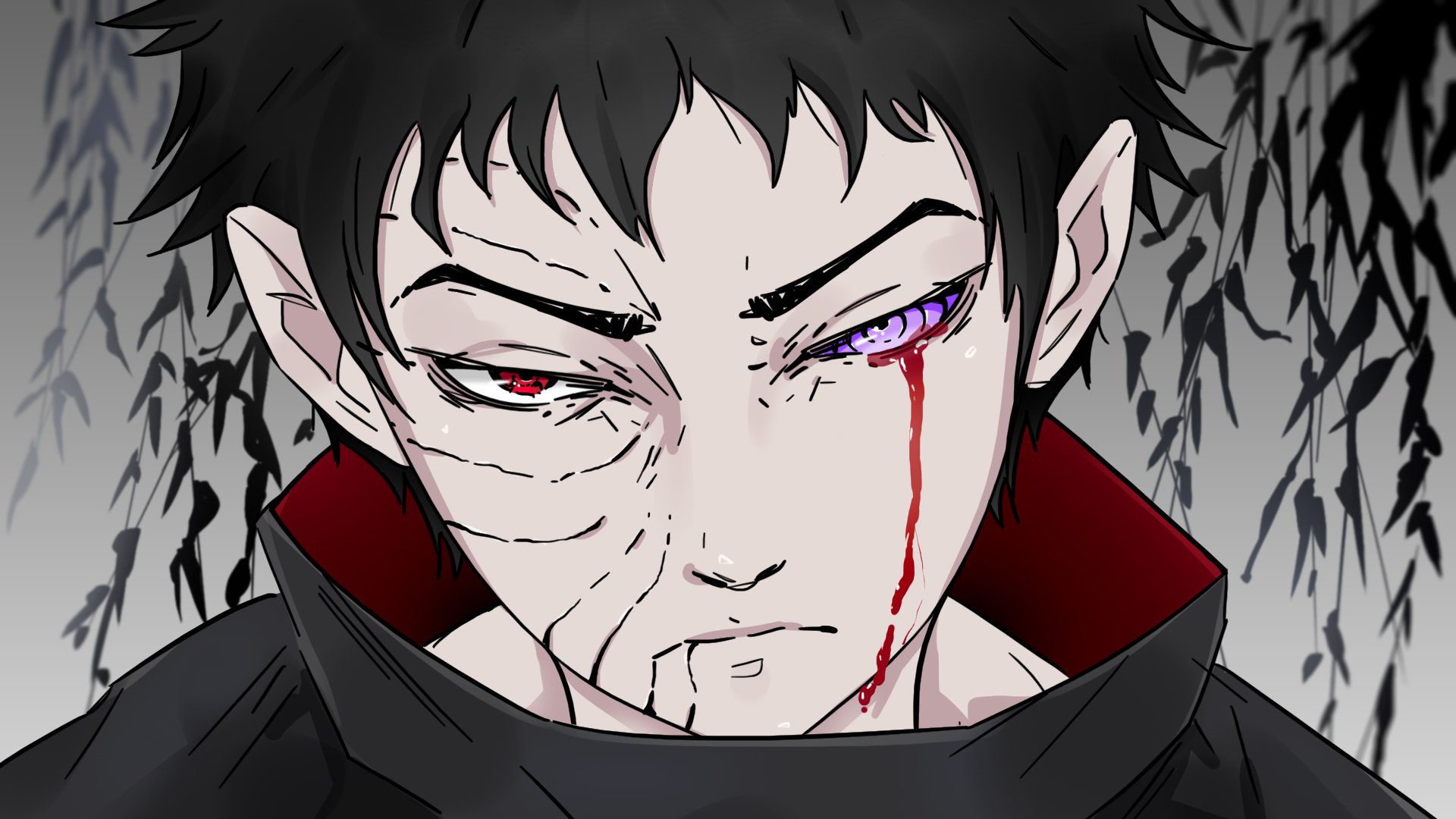 HD PC desktop wallpaper featuring Obito Uchiha from the anime Naruto, showcasing his intense expression and distinctive Sharingan eye with blood tear detail.