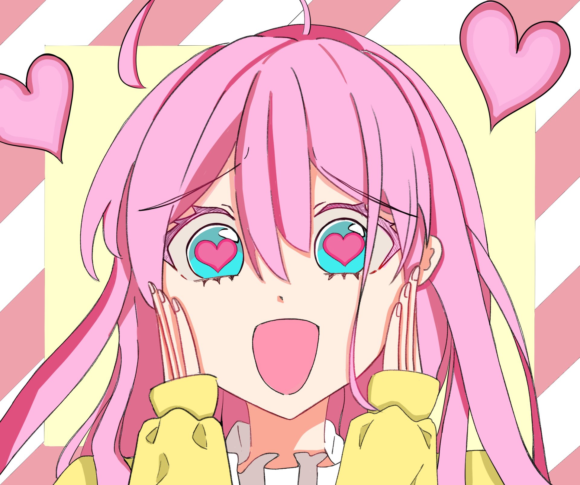 HD PC desktop wallpaper of Micchon Shikimori from Shikimori's Not Just a Cutie — pink‑haired girl with heart‑shaped eyes, hands to her face and floating hearts background.