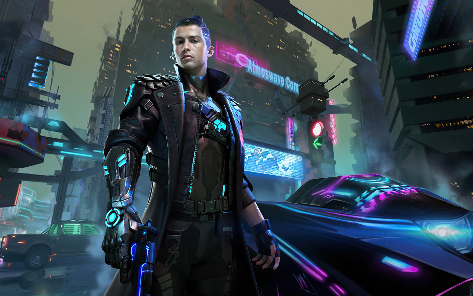 HD PC desktop wallpaper featuring Cristiano Ronaldo in a futuristic Garena Free Fire video game setting with neon cityscape and cybernetic elements.
