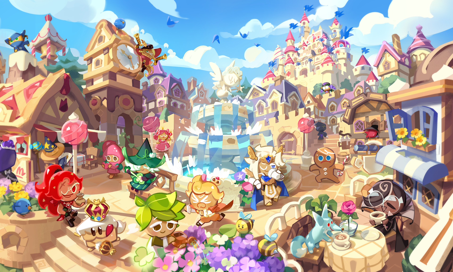 HD PC desktop wallpaper featuring a vibrant, colorful scene from the video game COOKIE RUN: KINGDOM, showcasing charming cookie characters in a lively kingdom square.