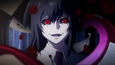 4K Ultra HD Tokyo Ghoul anime wallpaper featuring a character with striking red eyes, dark hair, and a sinister smile amidst floating rose petals and eerie lighting.