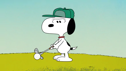 Snoopy from the TV show The Snoopy Show swings a golf club on a grassy hill, 4K Ultra HD PC desktop wallpaper/background.