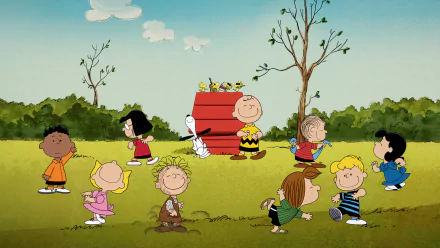 4K Ultra HD desktop wallpaper featuring characters from the TV show The Snoopy Show dancing and playing outdoors with Snoopy and Woodstock on his red doghouse.