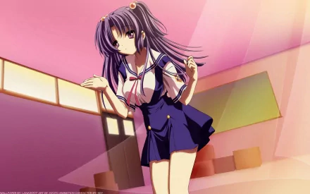 Kotomi Ichinose (Clannad) in a sailor uniform bathed in pink sunlight inside a classroom — HD PC anime desktop wallpaper/background.