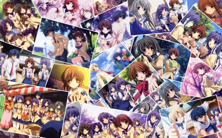 A vibrant HD desktop wallpaper featuring characters from the anime Clannad, including Akio Furukawa, Youhei Sunohara, and others in various engaging scenes.