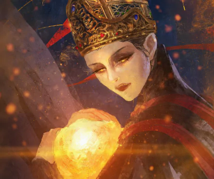 Rennala, Queen of the Full Moon from the video game Elden Ring, portrait holding a glowing orb — 2K Quad HD PC desktop wallpaper background.