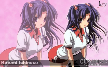 HD anime desktop wallpaper of Kotomi Ichinose (Clannad): two portraits of her in a school uniform with long dark hair and ribbons, posed against a soft pink background.