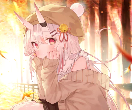 Nakiri Ayame (hololive Virtual YouTuber) winks in a cozy off-shoulder sweater amid golden autumn leaves, anime 2K Quad HD PC desktop wallpaper/background.