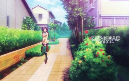 Kotomi Ichinose from Clannad walking along a sunlit suburban path, anime HD PC desktop wallpaper and background with lush hedges and a soft pastel sky.