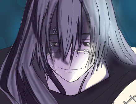 4K anime PC desktop wallpaper of Mahito from Jujutsu Kaisen — close-up smirk, long hair hiding stitched face marks, moody teal background.
