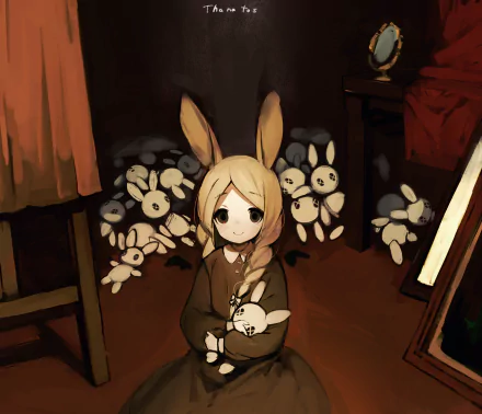 HD PC desktop wallpaper: anime girl with bunny ears cradling a stuffed rabbit, surrounded by plush bunnies in a warm, dimly lit room.