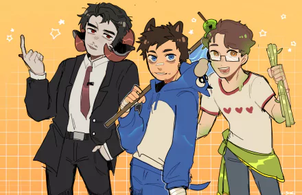 HD PC desktop wallpaper, Dream SMP-themed video game art: three stylized avatars — a horned figure in a suit, a blue-hoodied character with a mic, and a glasses-wearing character holding leeks on an orange grid.