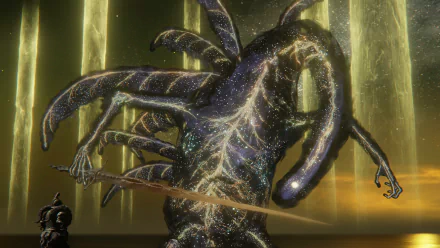 4K Ultra HD PC desktop wallpaper: the Elden Beast from Elden Ring looms with starry, translucent skin and twisting appendages as a lone warrior stands at its feet.