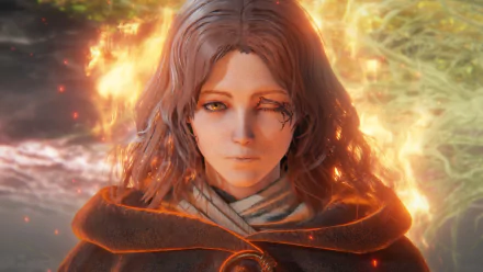 A stunning 4K Ultra HD wallpaper featuring Melina from the video game Elden Ring, showcasing her serene expression against a backdrop of ethereal flames.