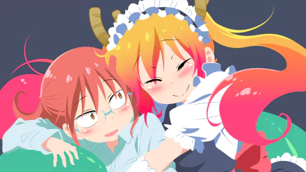 Tohru and Kobayashi from Miss Kobayashi's Dragon Maid in vibrant anime style, featured in a 4K Ultra HD PC desktop wallpaper.