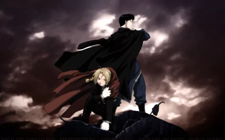 High-definition wallpaper featuring Roy Mustang and Edward Elric from the anime Fullmetal Alchemist, set against a dramatic backdrop with dark clouds.