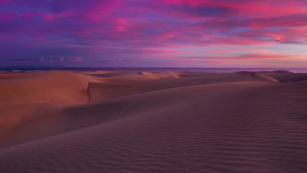4K Ultra HD PC desktop wallpaper: sweeping sand dunes under a vivid pink and purple sunset horizon in a tranquil desert nature scene.