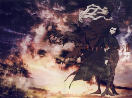 A dramatic 4K Ultra HD image featuring characters from the anime Ergo Proxy, set against a mystical backdrop of swirling clouds and vibrant colors. A striking desktop wallpaper.