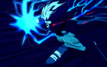 Kakashi Hatake (Naruto) unleashing a crackling blue Chidori, dynamic anime action scene with Sharingan, rendered as a 2K Quad HD PC desktop wallpaper.