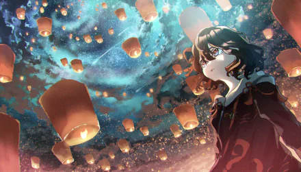 Anime girl gazes at glowing lanterns and a shooting star in a vibrant night sky, creating a magical atmosphere in this HD desktop wallpaper background.