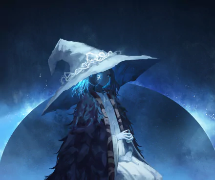 HD desktop wallpaper of Ranni the Witch from the video game Elden Ring, featuring a mysterious figure in a wide-brimmed hat with glowing blue accents against a dark, ethereal background.