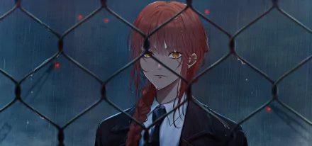 HD desktop wallpaper featuring Makima from Chainsaw Man, set against a night sky with a chain-link fence in the foreground. Makima has striking yellow eyes and red hair in a braid.