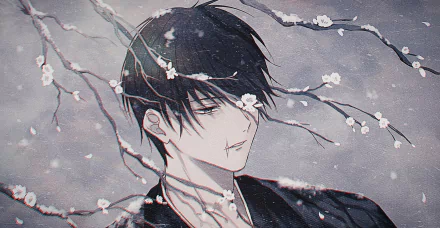 Toji Fushiguro from Jujutsu Kaisen stands amidst blossoming branches in this HD anime desktop wallpaper and background.