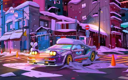 A vibrant HD desktop wallpaper featuring a stylized car in a snowy urban setting, echoing the energetic music scene associated with Deadmau5.