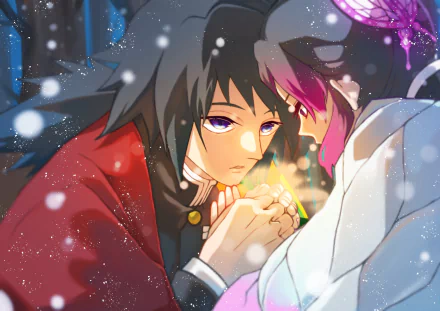HD PC desktop wallpaper of GiyuShino (Giyuu Tomioka & Shinobu Kochou) from Demon Slayer: Kimetsu no Yaiba — the two share an intimate snowy moment, hands cupping a warm glowing light.