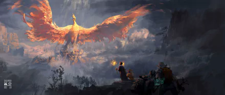 Fantasy scene of a fiery phoenix soaring above a misty landscape, rendered as an 8K Ultra HD bird-themed PC desktop wallpaper.