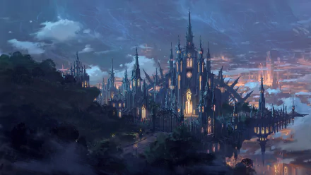 A detailed fantasy castle illuminated at dusk, set against a dramatic cloudy sky in a 4K Ultra HD PC desktop wallpaper.