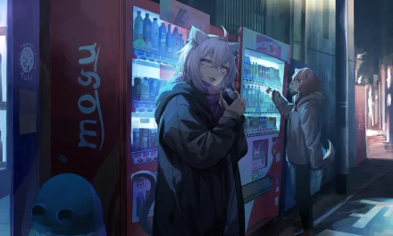 Anime HD PC desktop wallpaper: hololive Virtual YouTubers Nekomata Okayu and Inugami Korone at vending machines in a neon-lit alley, moody night scene, anime style background.