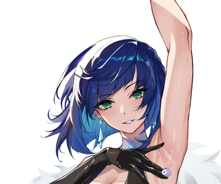 HD PC desktop wallpaper featuring Yelan from the video game Genshin Impact with her striking blue hair and green eyes.