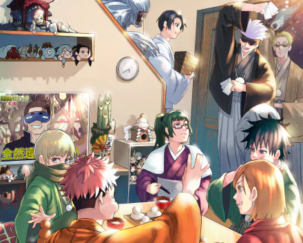 HD PC desktop wallpaper featuring Yuji Itadori and other characters from the anime Jujutsu Kaisen gathered in a warmly lit room filled with collectibles and decorations.
