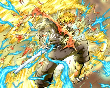 HD PC wallpaper of Zenitsu Agatsuma from Demon Slayer: Kimetsu no Yaiba, showcasing vibrant lightning effects and dynamic action in anime style.