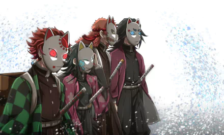 HD anime desktop wallpaper featuring Sabito, Giyuu Tomioka, and Tanjiro Kamado from Demon Slayer: Kimetsu no Yaiba, all wearing distinctive fox masks.