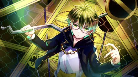 HD PC desktop wallpaper/background of Nijisanji virtual YouTuber Ike Eveland — anime-style, green-haired, glasses-wearing character in a black hoodie wielding chains and a metal rod against a gold-green geometric backdrop.