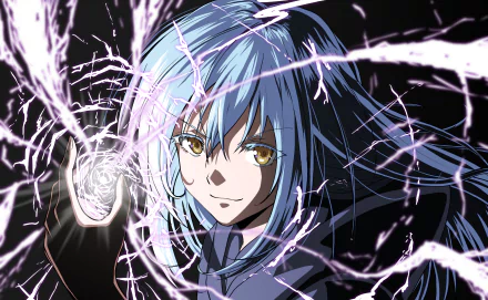 Rimuru Tempest from That Time I Got Reincarnated as a Slime surrounded by swirling energy, features a dynamic pose and striking blue hair, making for an engaging HD anime wallpaper.