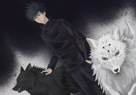 HD PC desktop wallpaper of Megumi Fushiguro from Jujutsu Kaisen, standing with his two shikigami wolves against a dark, textured background.