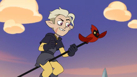 HD PC desktop wallpaper of Hunter (The Owl House) grinning as he wields his red Flapjack staff against a pastel sunset sky — TV show The Owl House