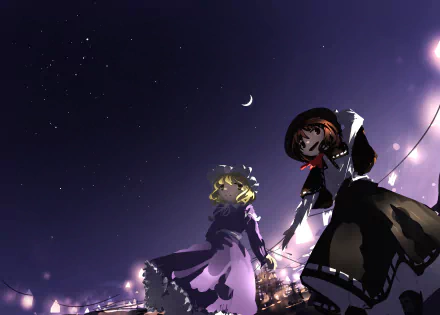 HD anime desktop wallpaper featuring Renko Usami and Maribel Hearn from Touhou under a crescent moon and starry night sky.