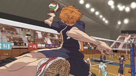 4K Ultra HD PC wallpaper featuring Shōyō Hinata from Haikyū!! jumping to spike a volleyball in an indoor court with bright arena lights overhead.