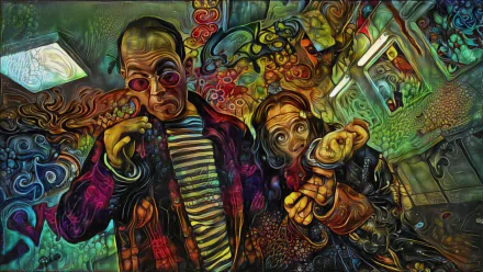 Artistic psychedelic 4K Ultra HD desktop wallpaper and background: two surreal figures reaching forward amid swirling neon patterns and warped geometric interiors, vivid colors and dreamlike textures