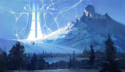 HD anime desktop wallpaper — Wandering Witch: The Journey of Elaina scene: glowing magical spire with rune-like lights beside a snow-covered mountain and cliffside castle, dark pines in foreground.
