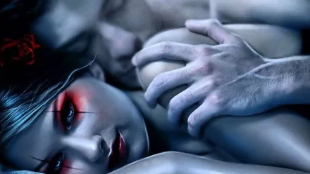A dark fantasy-themed HD wallpaper featuring a close-up of a mysterious couple, with striking facial features and evocative colors that create an intense and atmospheric mood.