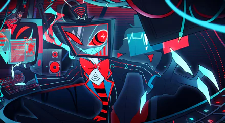 Vox from Hazbin Hotel appears as a vibrant, glitchy character in a dark, tech-filled room. This HD PC desktop wallpaper captures the TV show's distinct cyberpunk style.