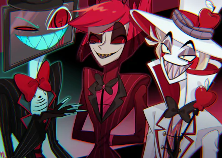 HD PC desktop wallpaper of Hazbin Hotel TV characters Vox, Lucifer, and Alastor — a grinning trio in bold red, white, and black stylized art.
