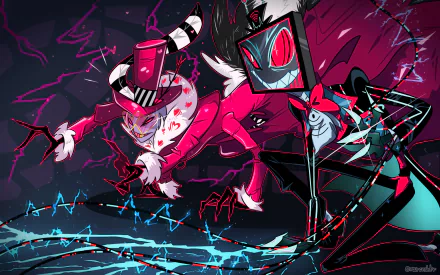 HD PC wallpaper of Vox (TV‑headed) and Valentino from the TV show Hazbin Hotel, striking a dynamic pose amid magenta and cyan lightning with jagged electric cables.